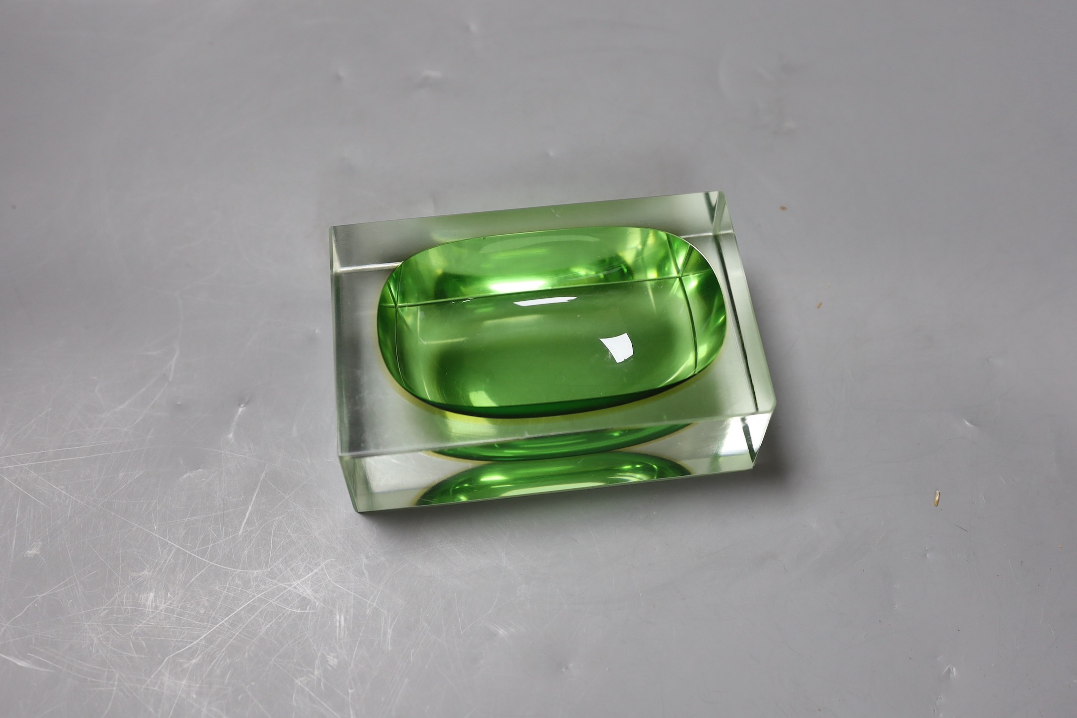 A Murano green glass oblong dish, 12.5cms wide x 4cms high